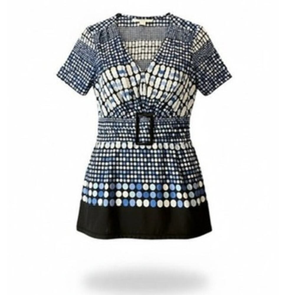 Dressbarn Tunic Blouse Womens Size 8 Blue White‎ Black Geometric V-Neck